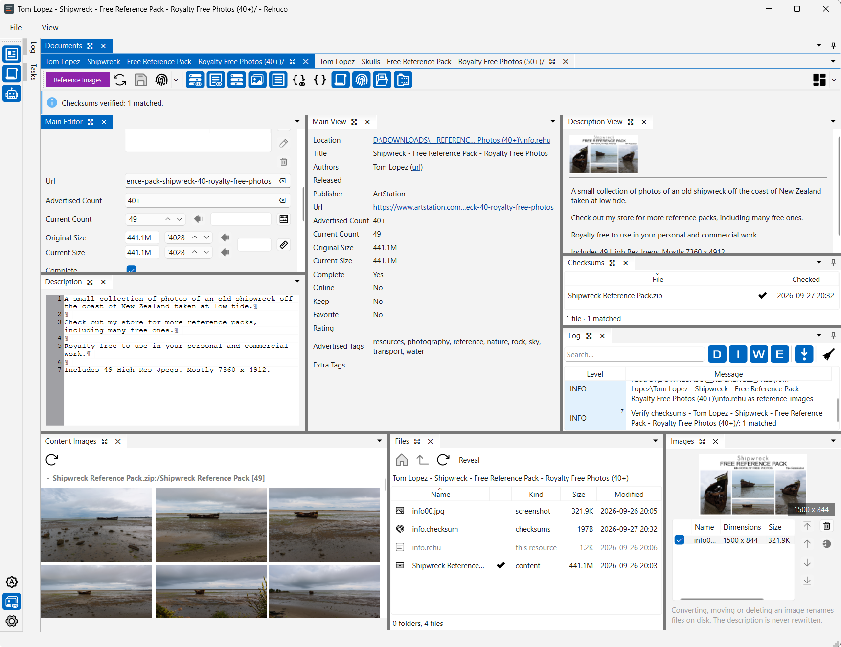 The rehuco-agent editor with a reference-images resource open: edit fields and a read-only viewer alongside description, checksums, content images, files, and an app-wide log dock