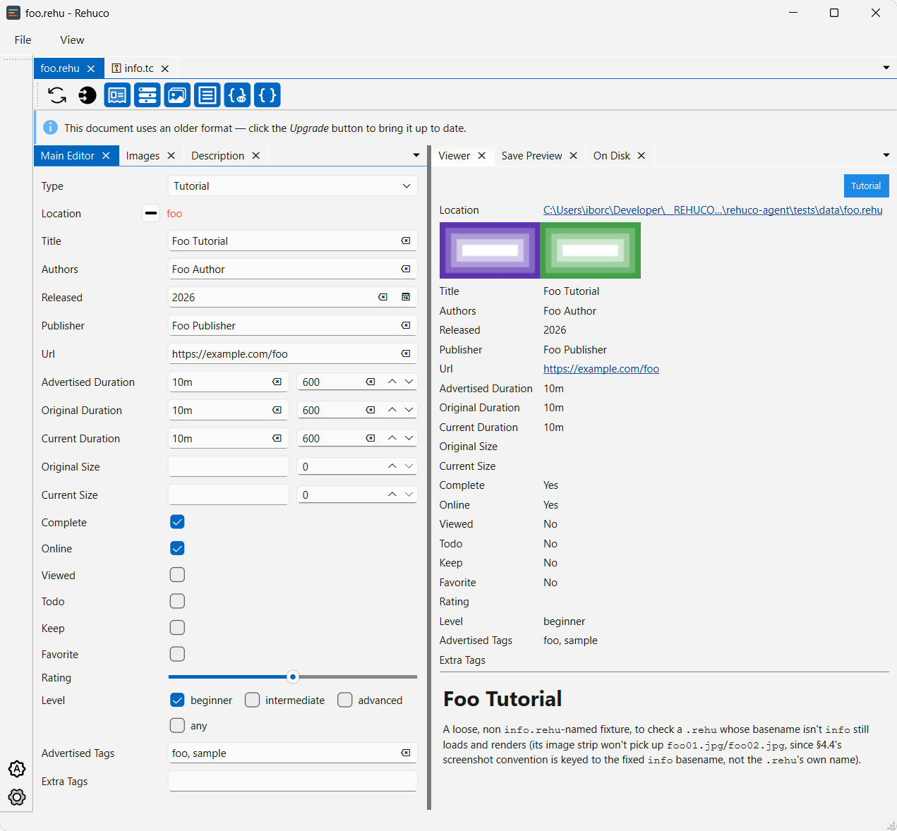 The rehuco-agent editor: fields on the left, rendered viewer on the right